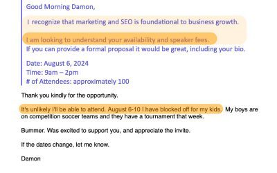 Had to decline an ideal paid SEO speaking gig